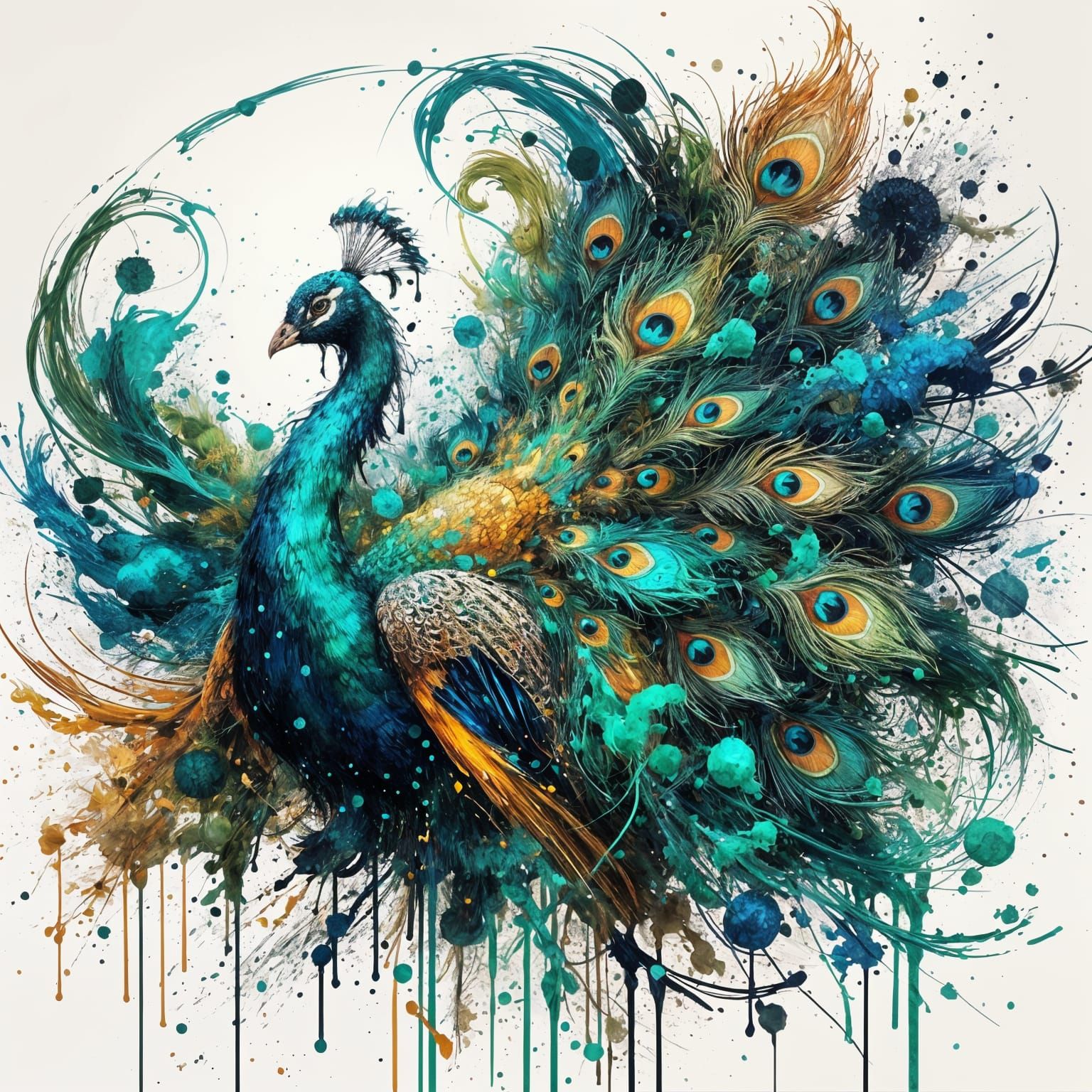 Ethereal Ink-Splashed Peacock in Vibrant Colors