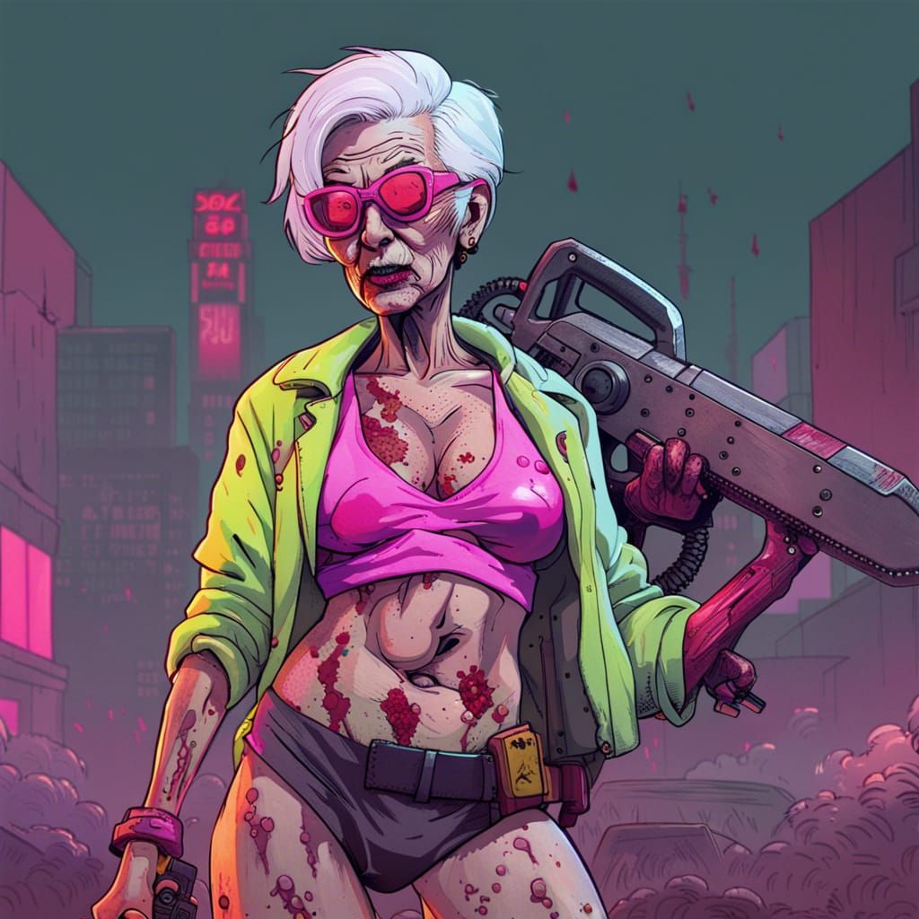 Elderly Woman with Chainsaw in Zombie Apocalypse