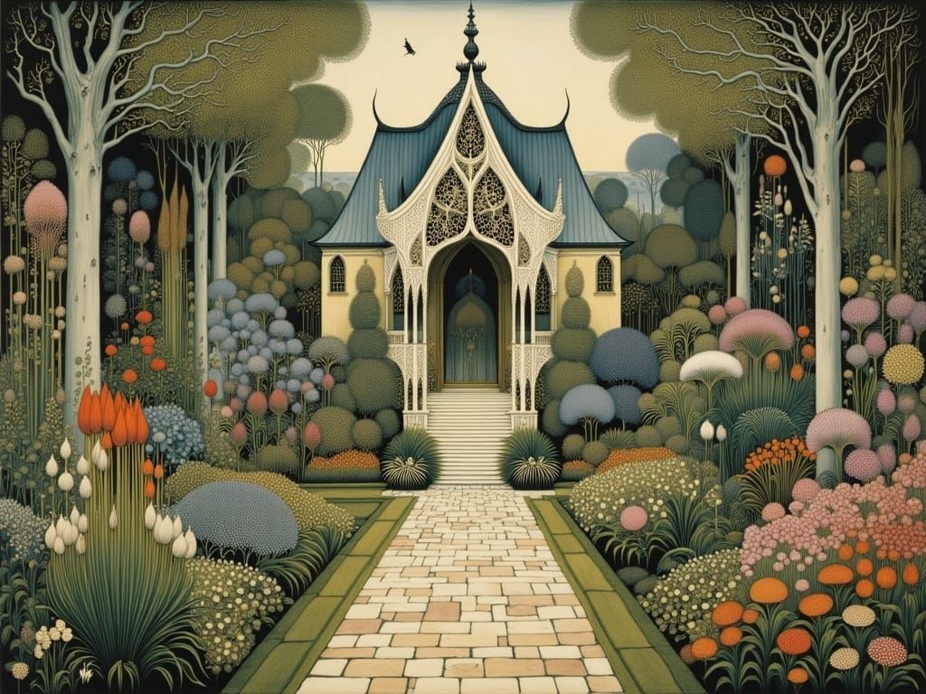 Majestic Oriental Palace Garden Scene with Vibrant Peacocks