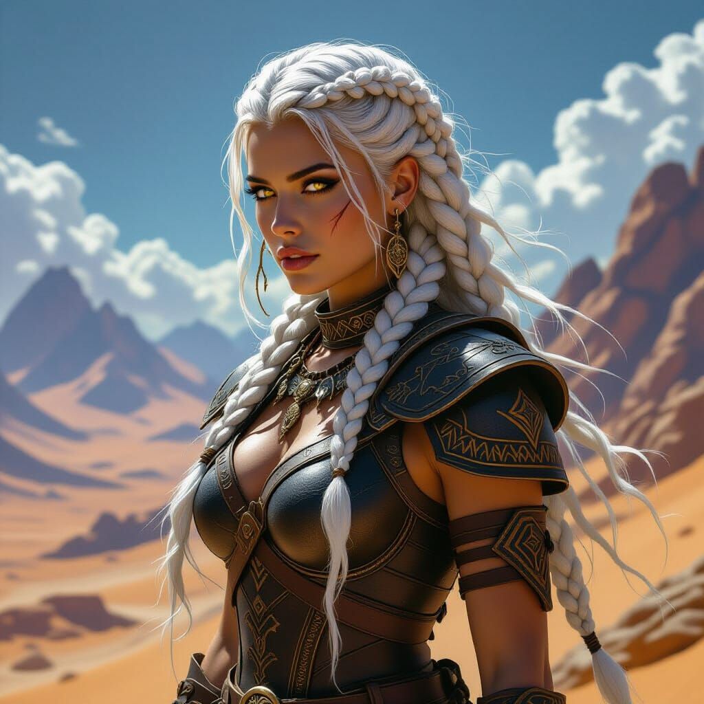 Stoic Barbarian Woman Overlooking Alien Desert