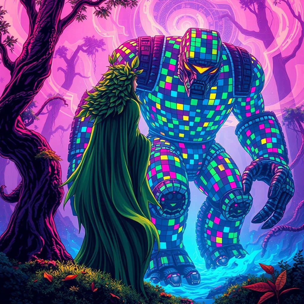 Mystical Dryad Confronts Pixelated Golem in Retro-Futuristic...