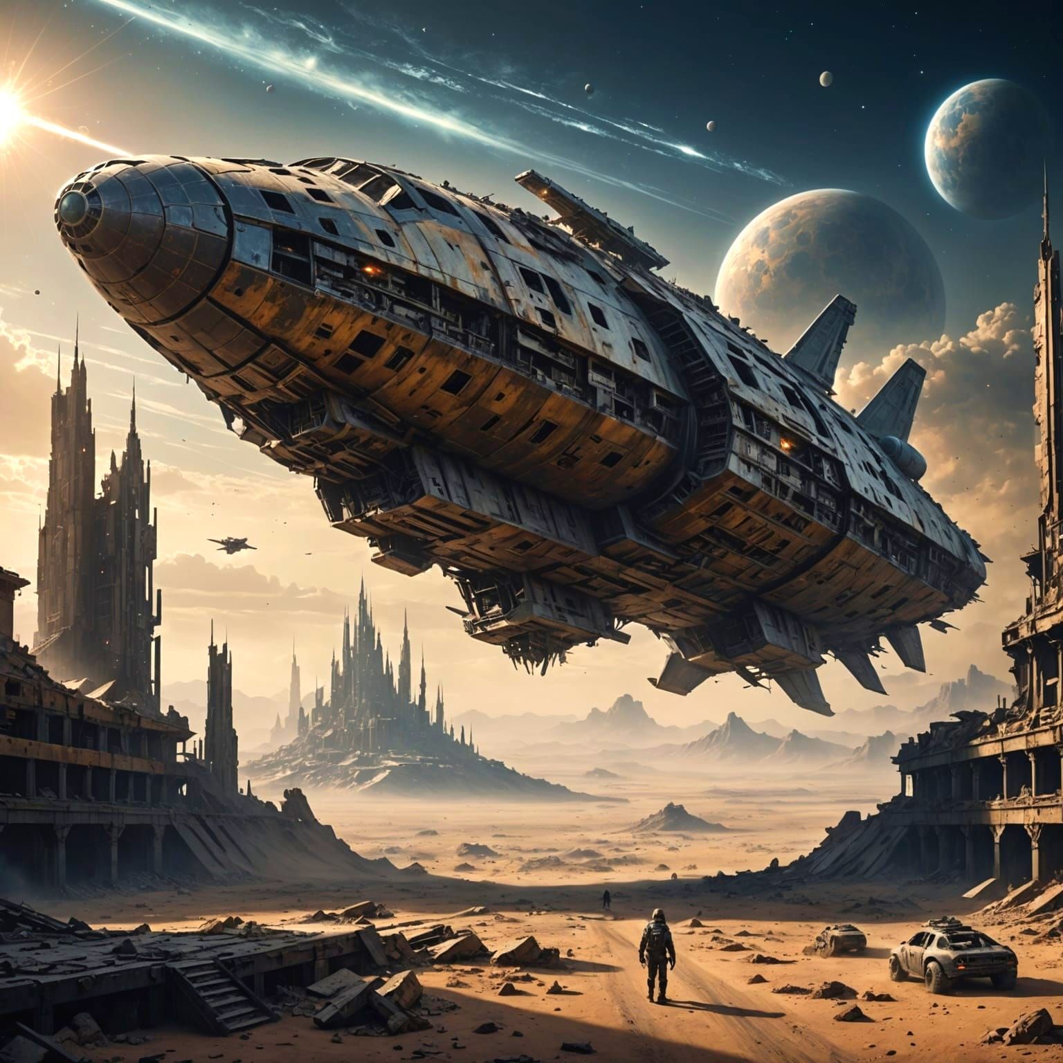 Spaceship Orbits Dying Star Over Ruined City