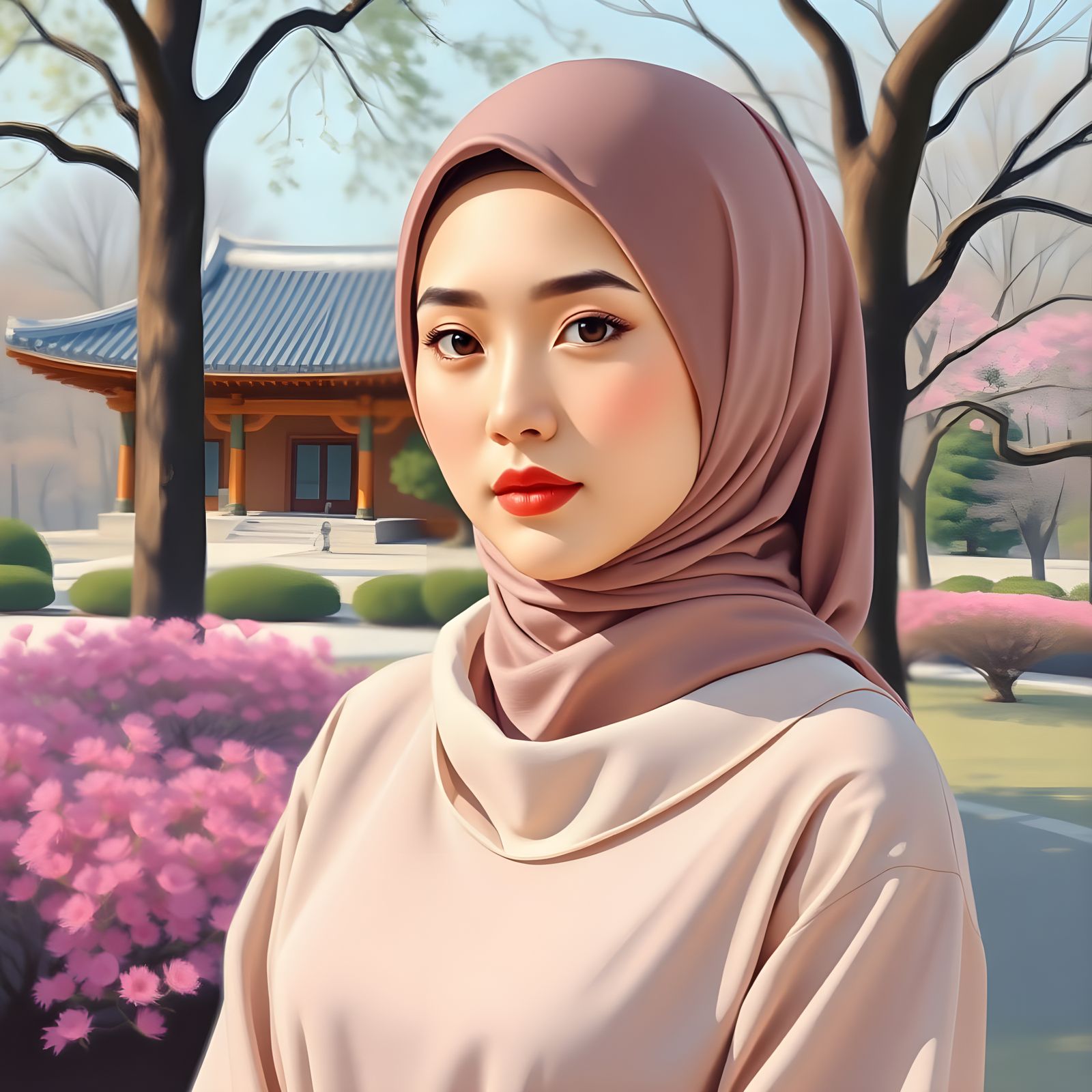 Beautiful Korean Woman in Hijab Oil Painting
