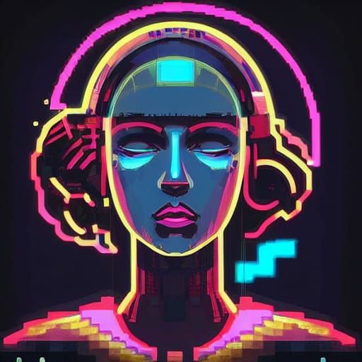 Surreal Abstract Woman in Neon Cubed Pixel Art