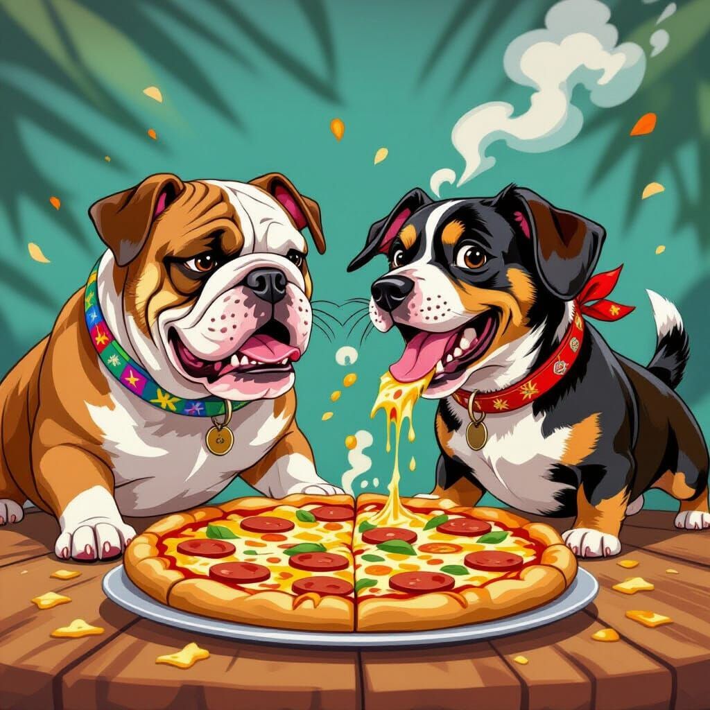 Dogs Brawling Over Pizza in Whimsical Style