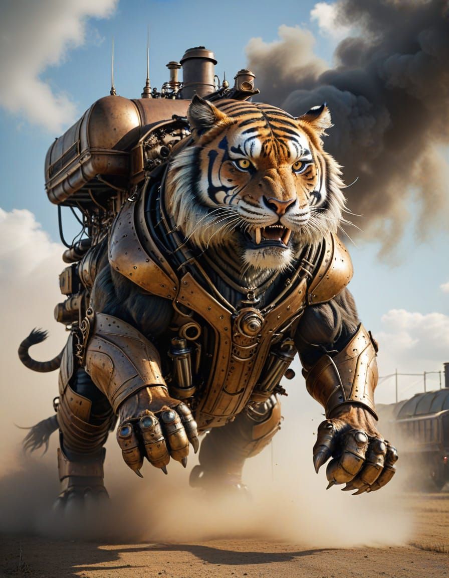 Tiger in Steampunk Gear Leaps Bull with Fiery Gaze