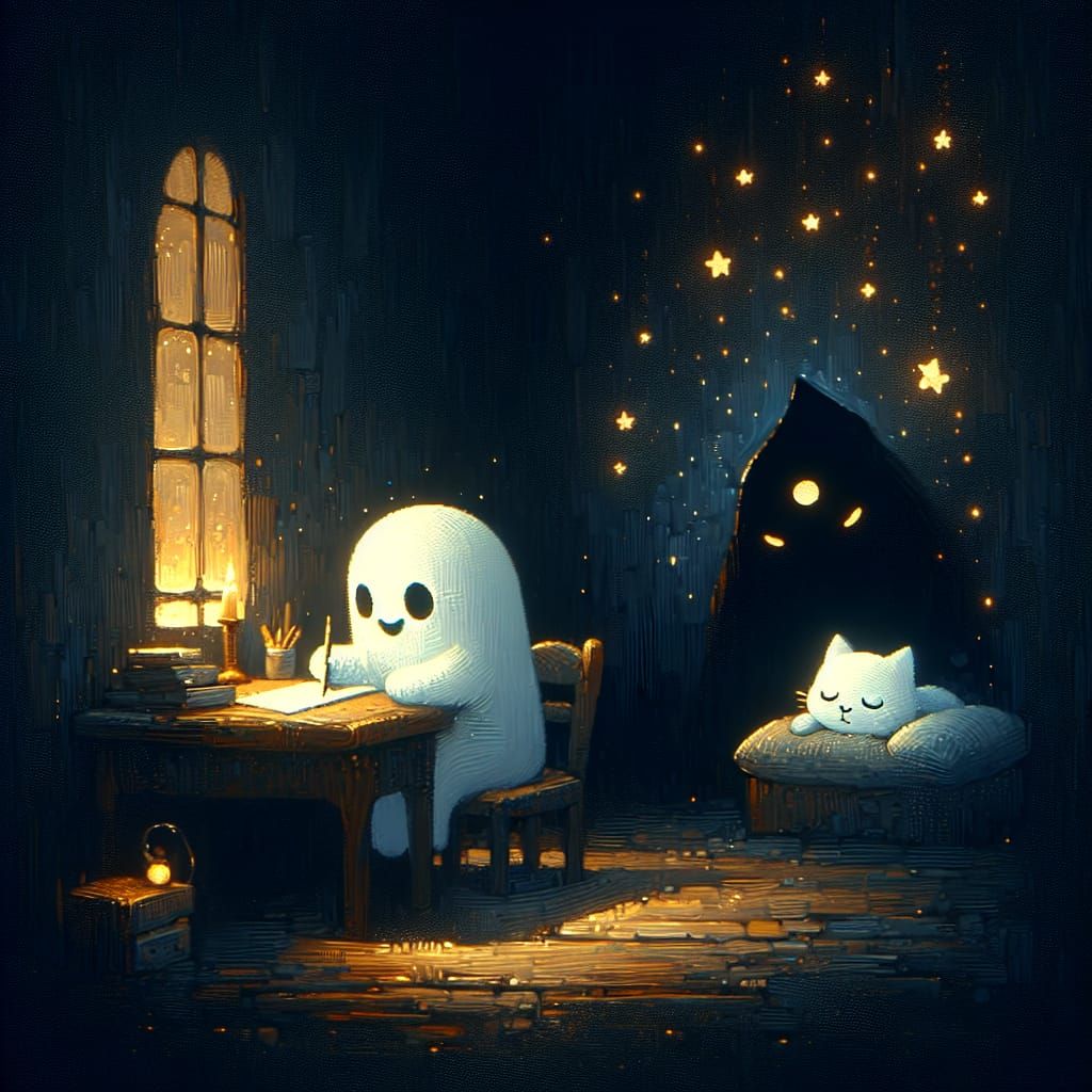 Whimsical Ghostly Writer in a Darkened Study