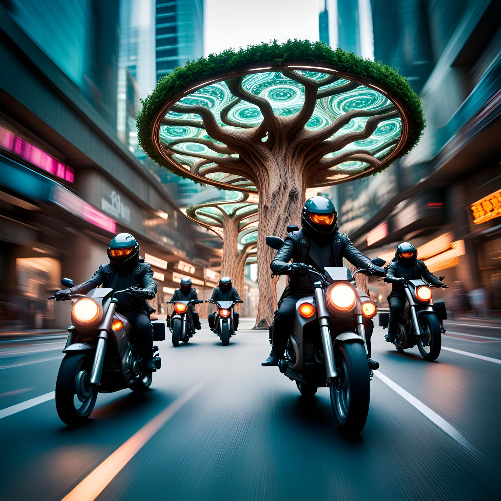 Cyberpunk Motorcycle Gang Speeds Through Tree of Life City