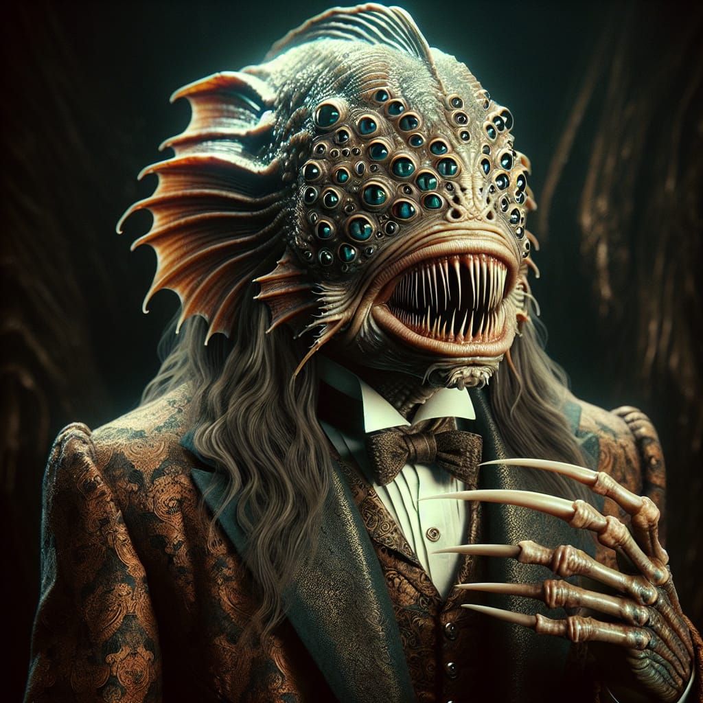 Imposing Fish-like Monster in Victorian Era Attire