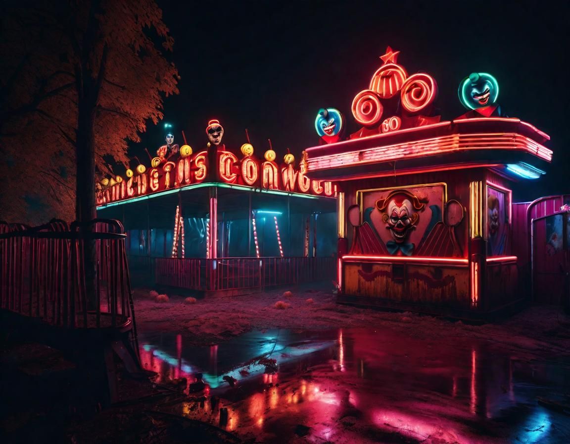 Sinister Clowns in Abandoned Amusement Park at Night