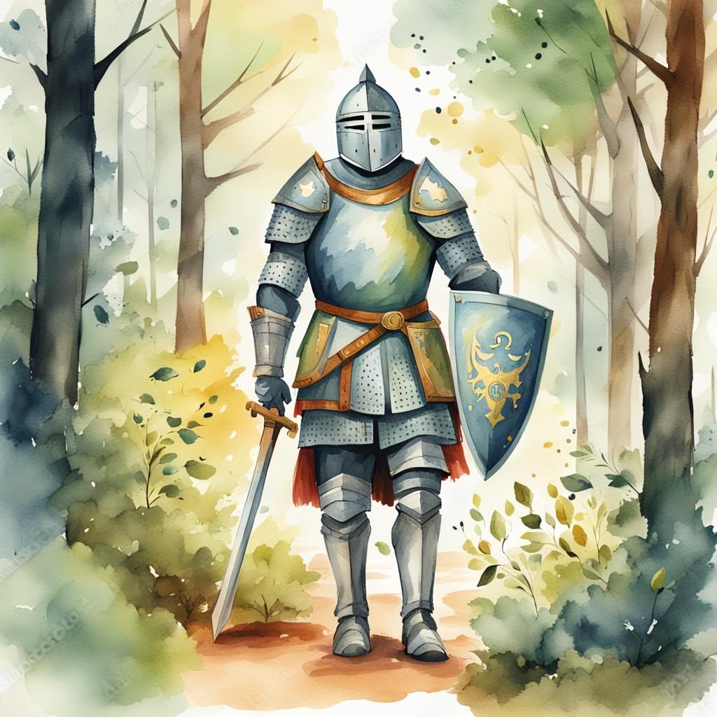 Watercolor Knight in Forest Illustration