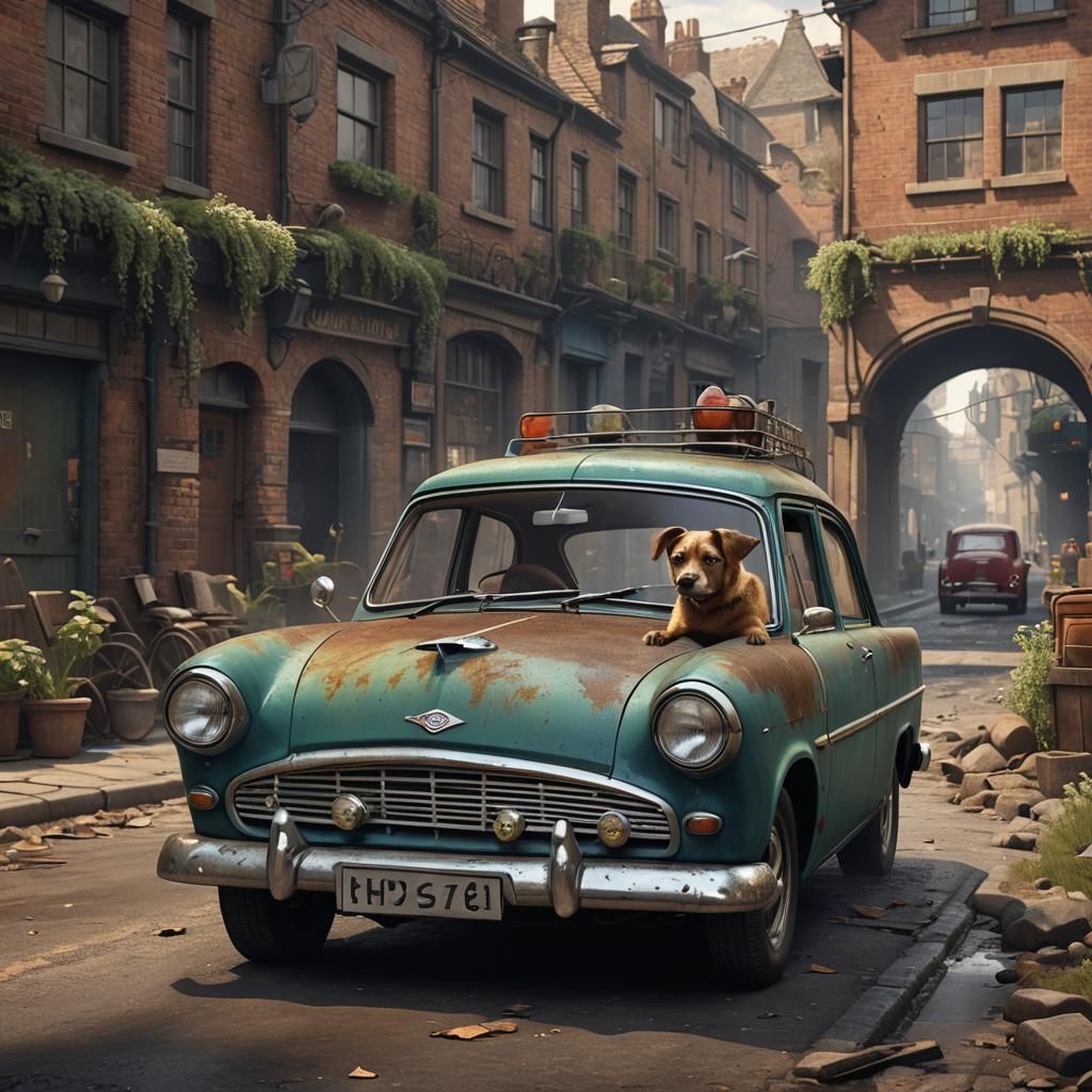 Dog in 1960 Ford Anglia: Matte Painting