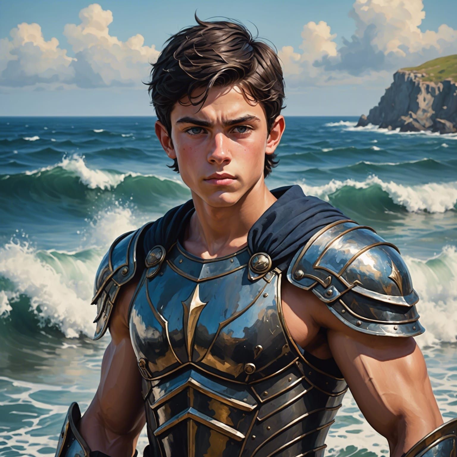 Armored Teen Facing Roaring Sea: Abstract Art