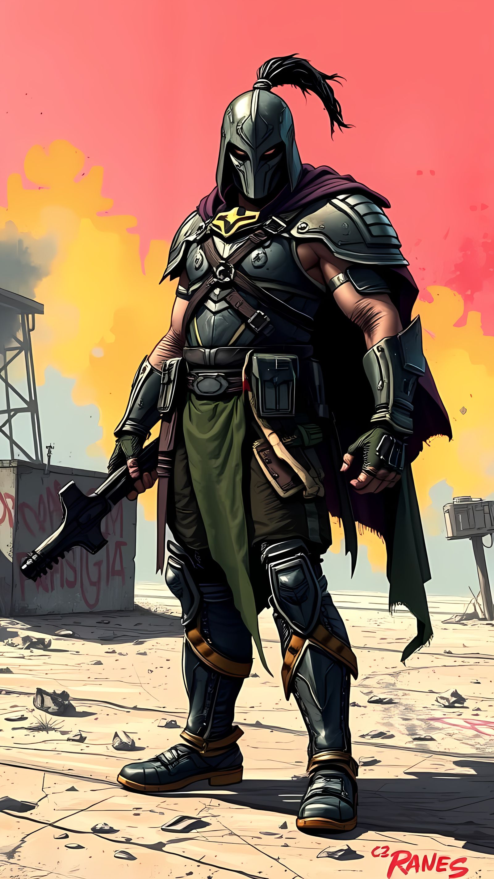 Warrior Superhero in Vibrant Wasteland