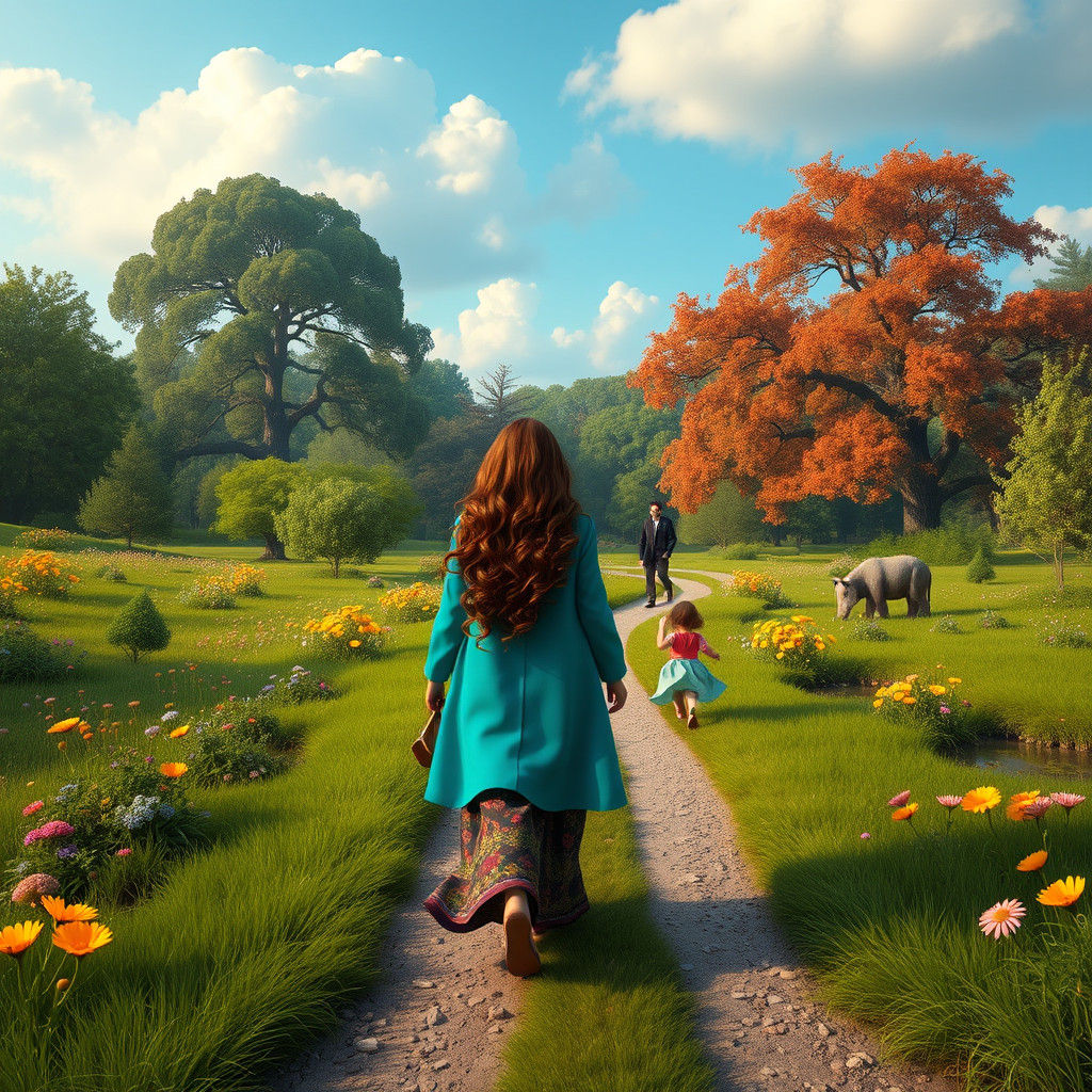 Joyful Family Stroll in Enchanted Park, Fantasy Art