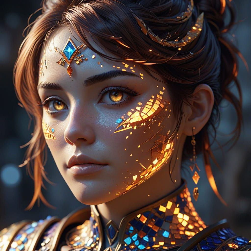 Surreal Mosaic Portrait in Vibrant Gold and Color