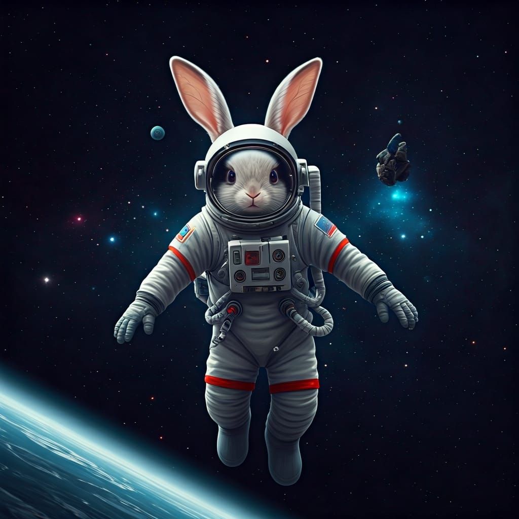 Astronaut Rabbit Floating in Space: Digital Illustration