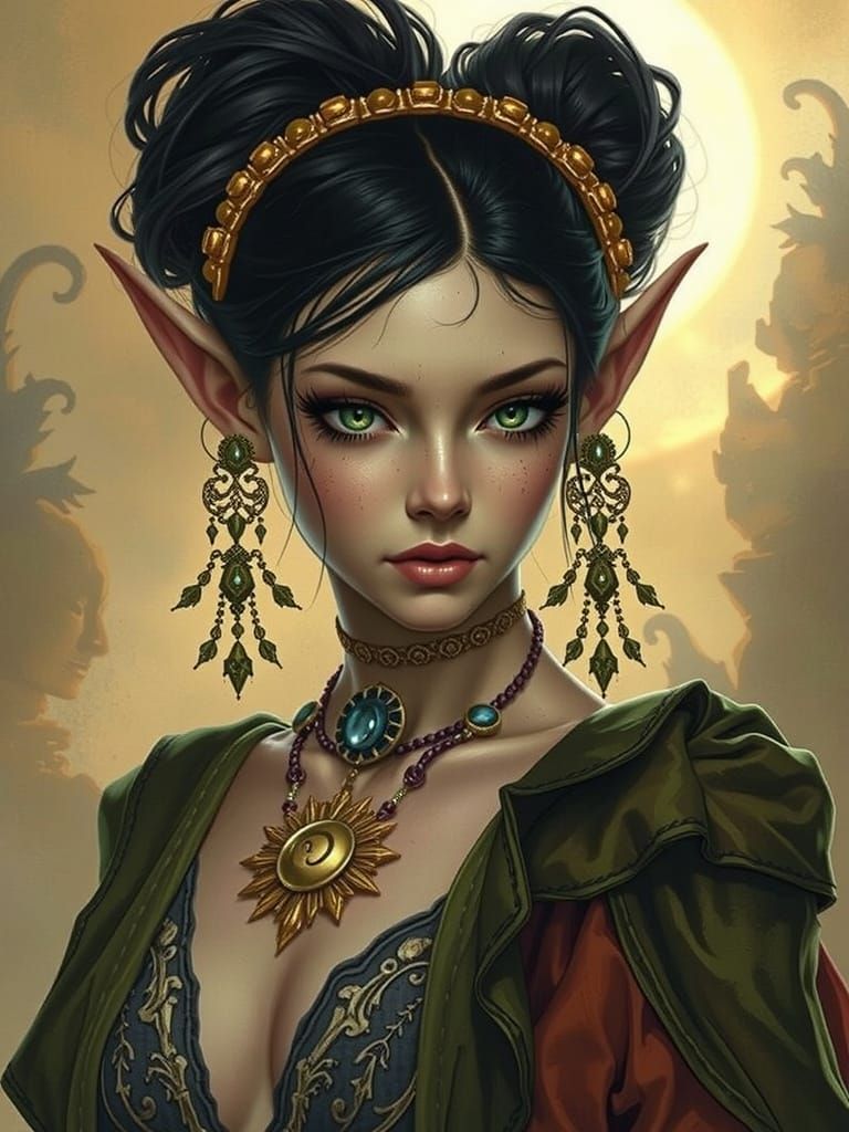 A striking fantasy portrait of an ethereal female elf with d...