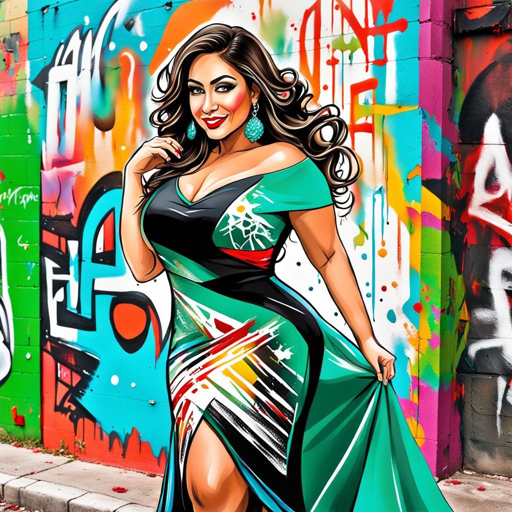 Curvy Latina Christmas Queen Portrait in Splash Art Style