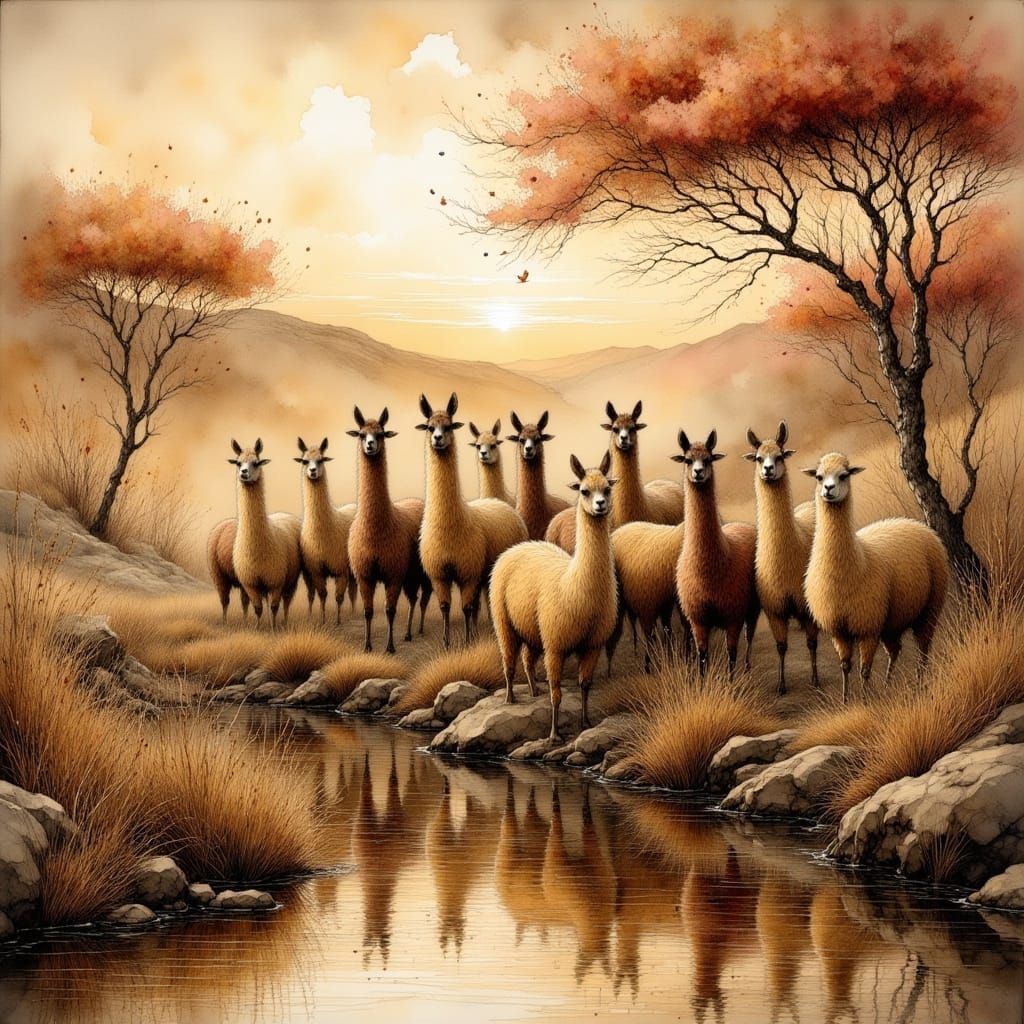 Llamas at Water Hole in Photorealistic Style