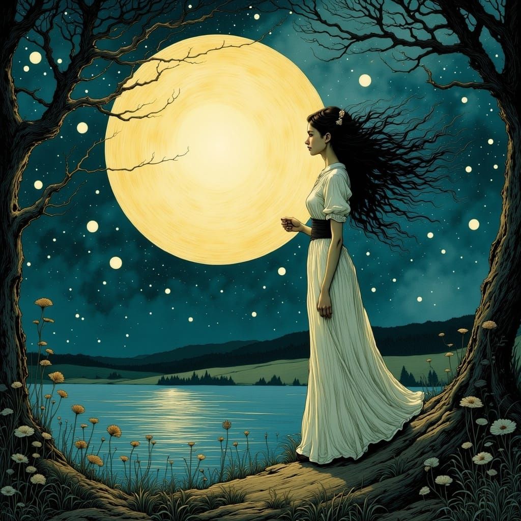 Moonlit Lake: Impasto Oil Painting of Woman in White