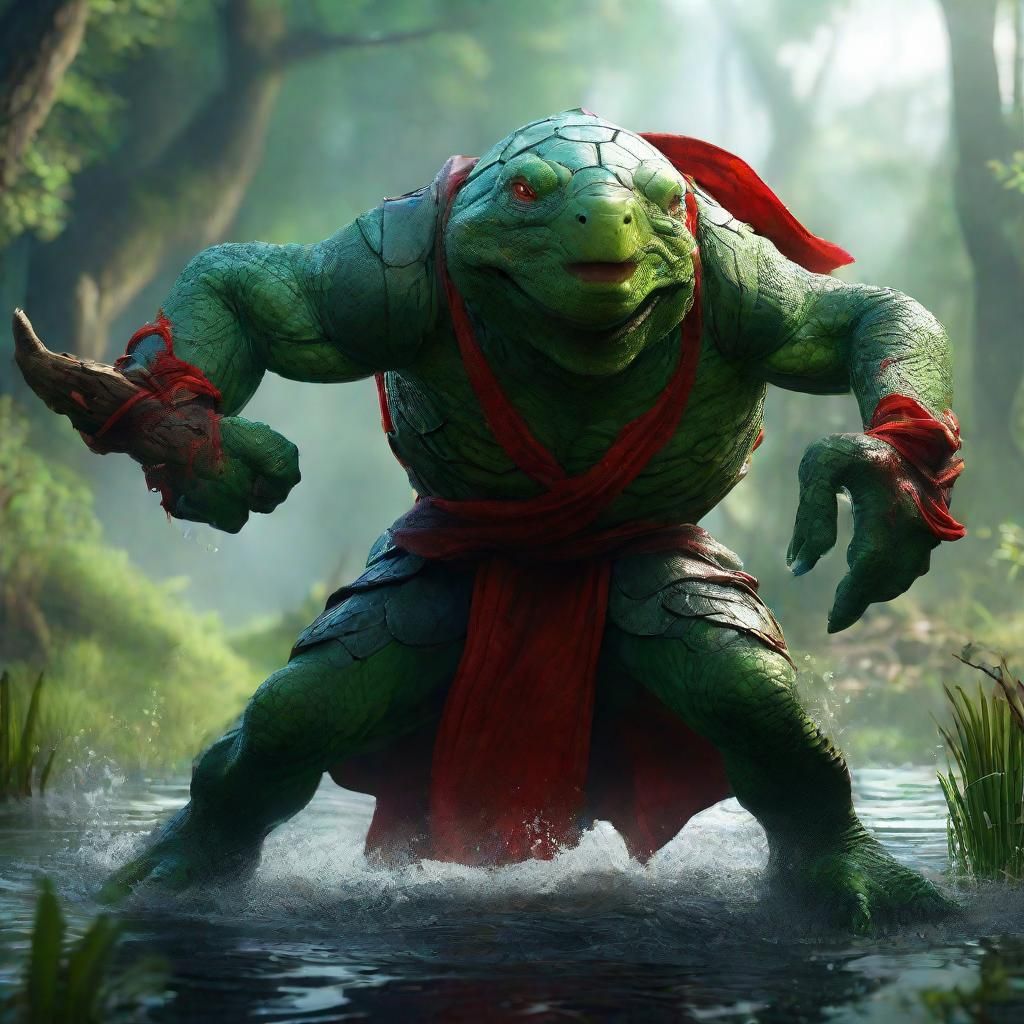 Tortle Druid Fighting in a Swamp, Detailed Matte Painting