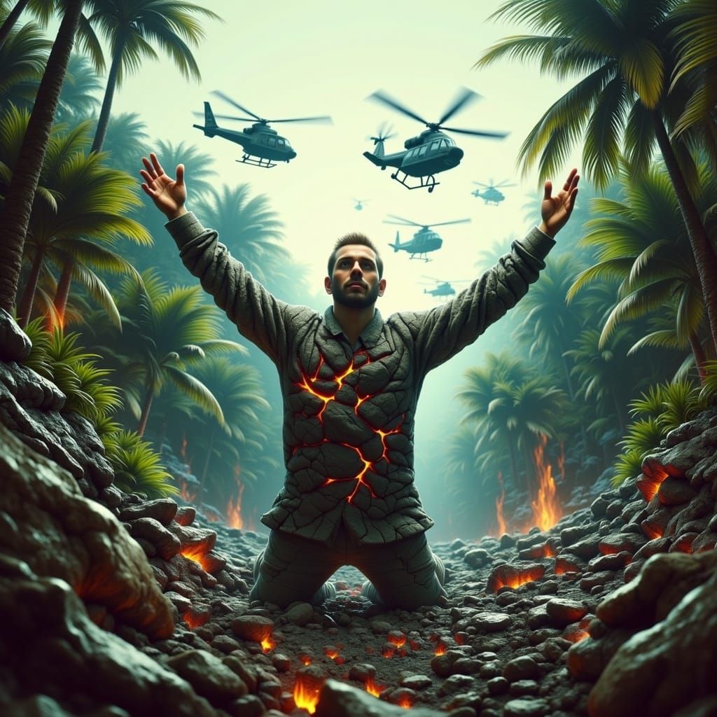 Dramatic Jungle Scene with Magma Soldier