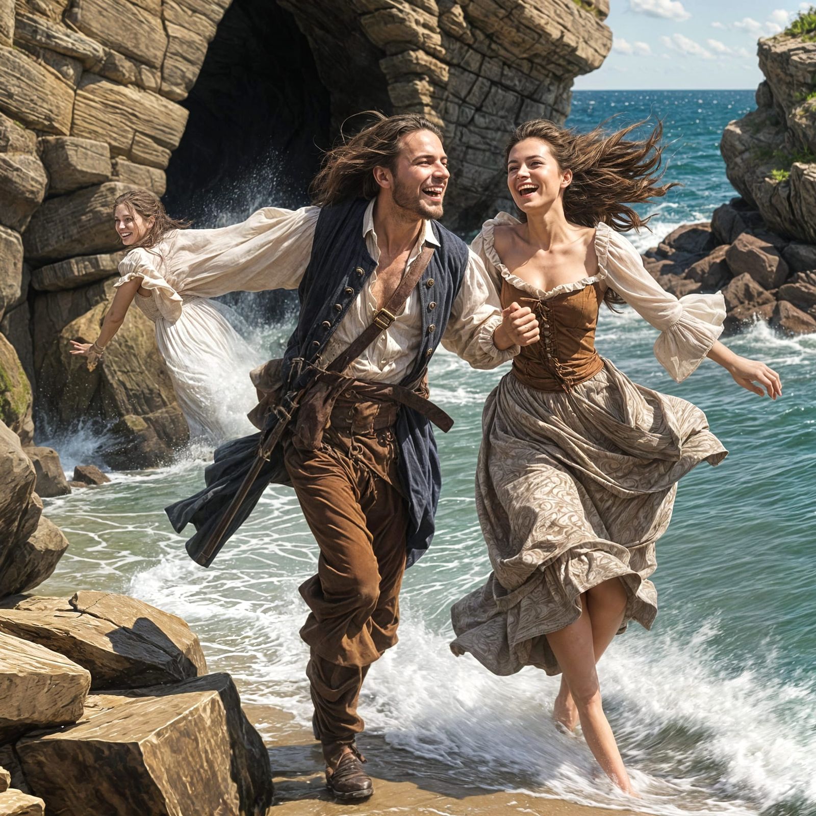 Couple Running Along Rocky Beach in Stylized Art