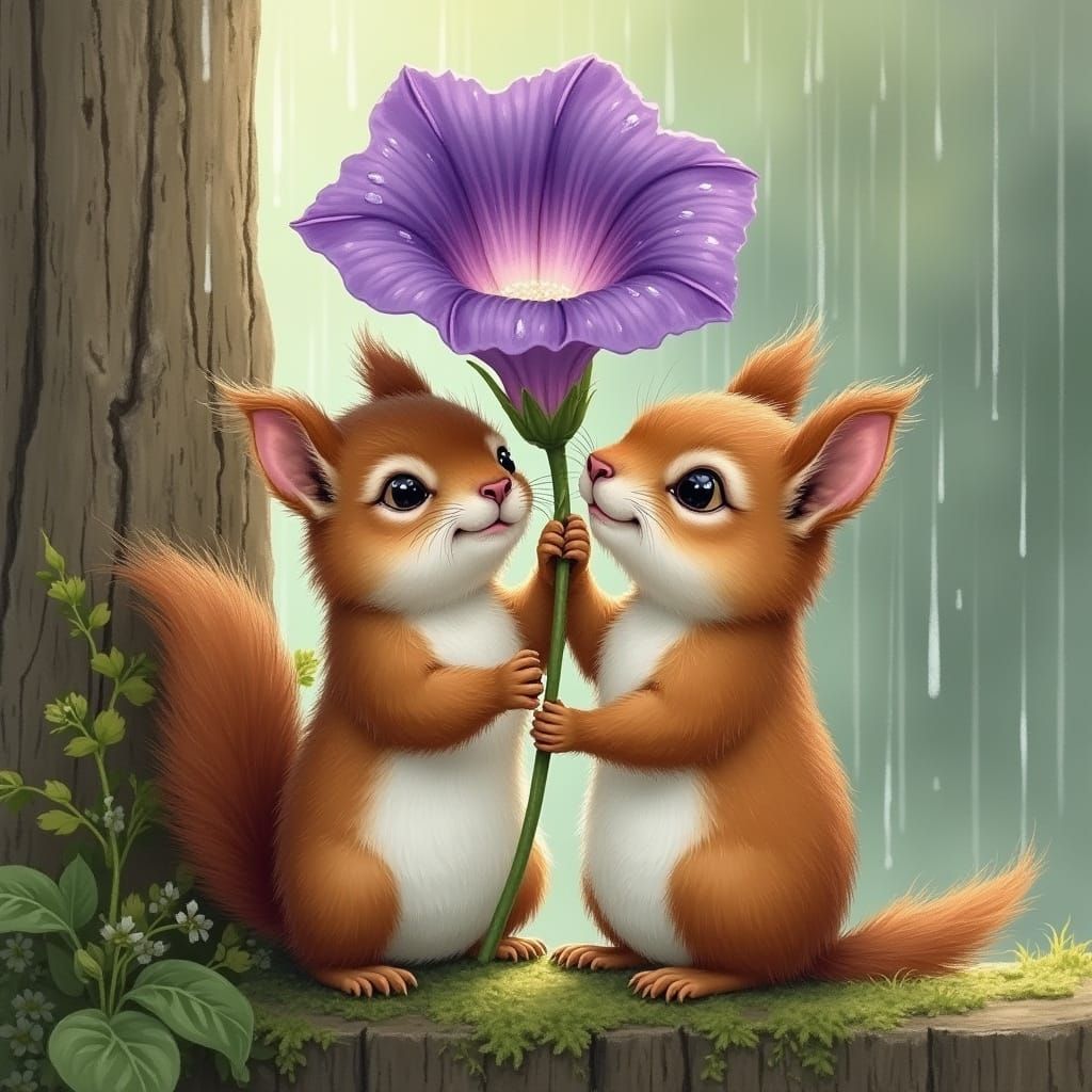 Two little squirrels are "holding up" a large purple morning...