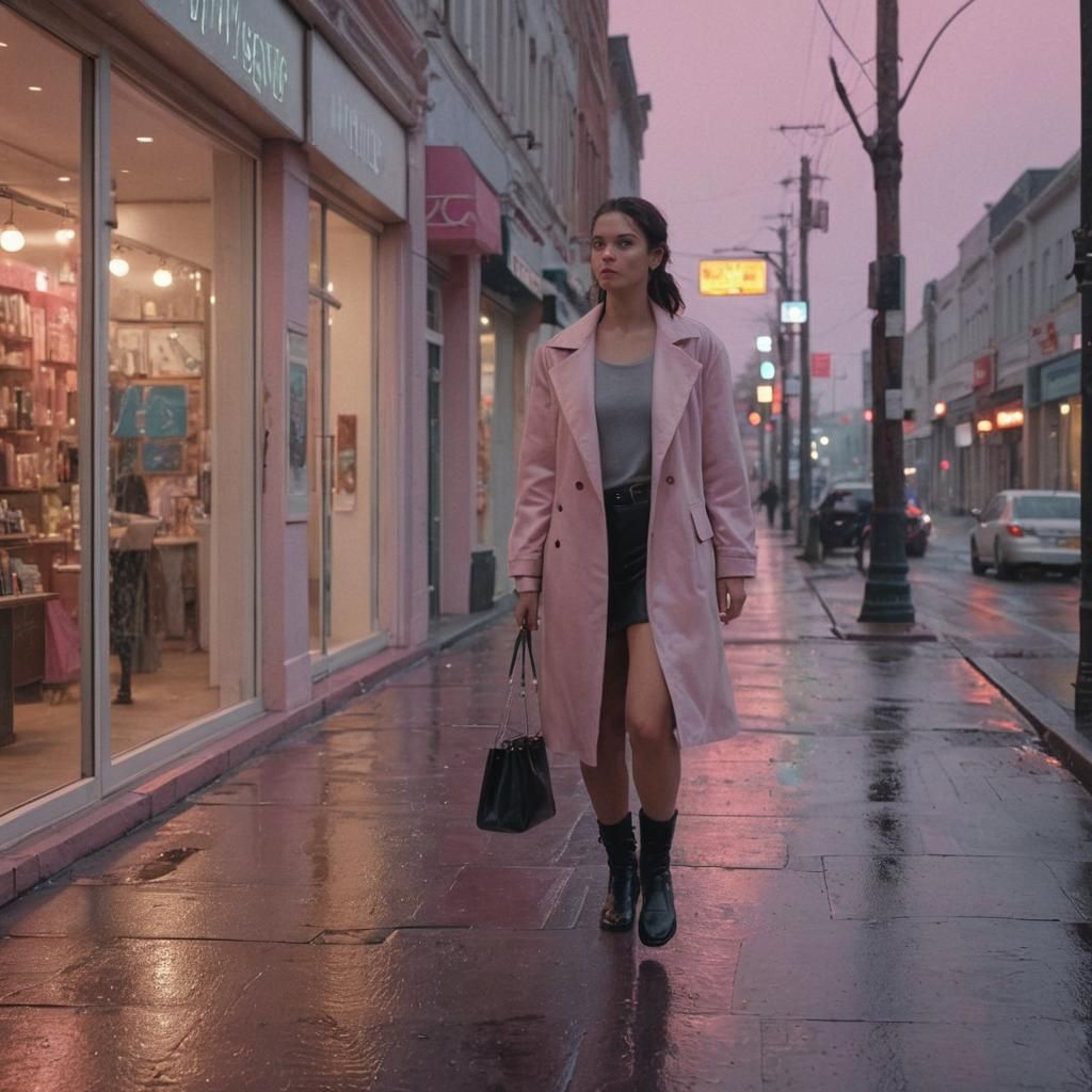 Hyperrealistic Woman Walks Alone on Quiet Street