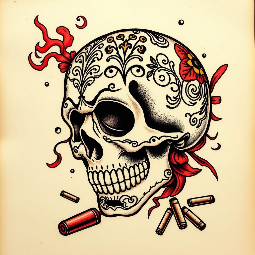 Neo Traditional Skull and Molotov Cocktail Tattoo Design