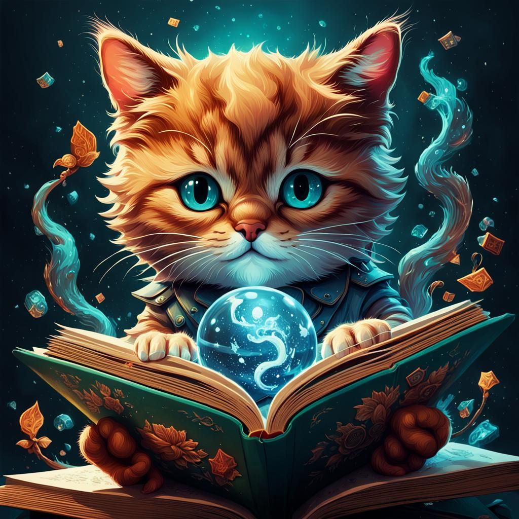 Kitty Reading Book: Detailed Fantasy Digital Illustration