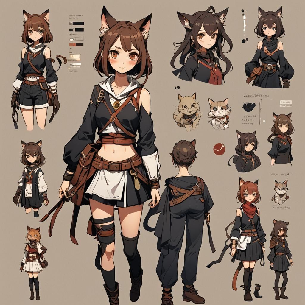 Anime Catgirl Character Sheet in Cel-Shaded Style