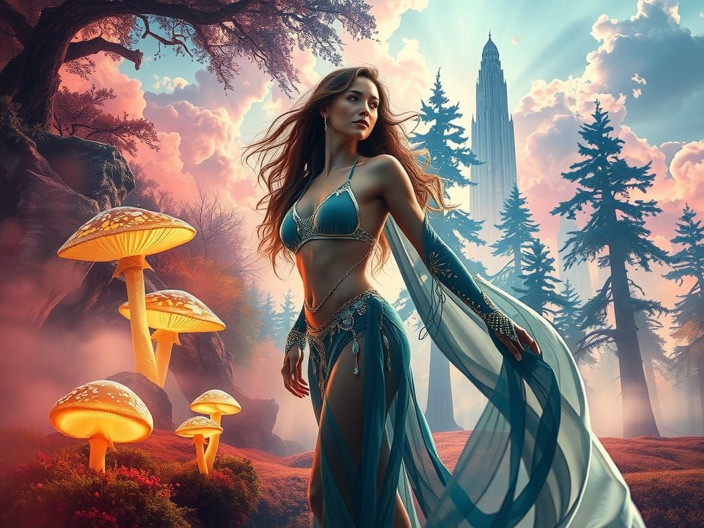 Serene Goddess Amidst Dreamlike Fantasy Landscape
