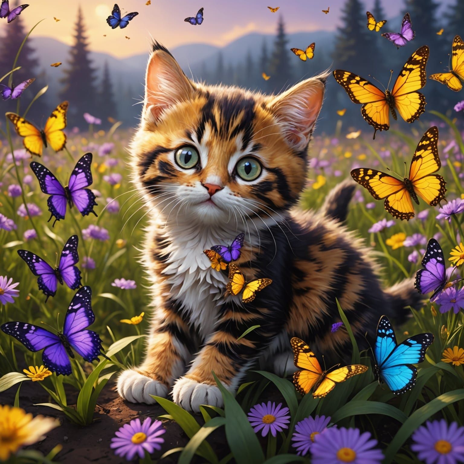 Calico Kittens' Butterfly Frolic: Dark Fantasy Art
