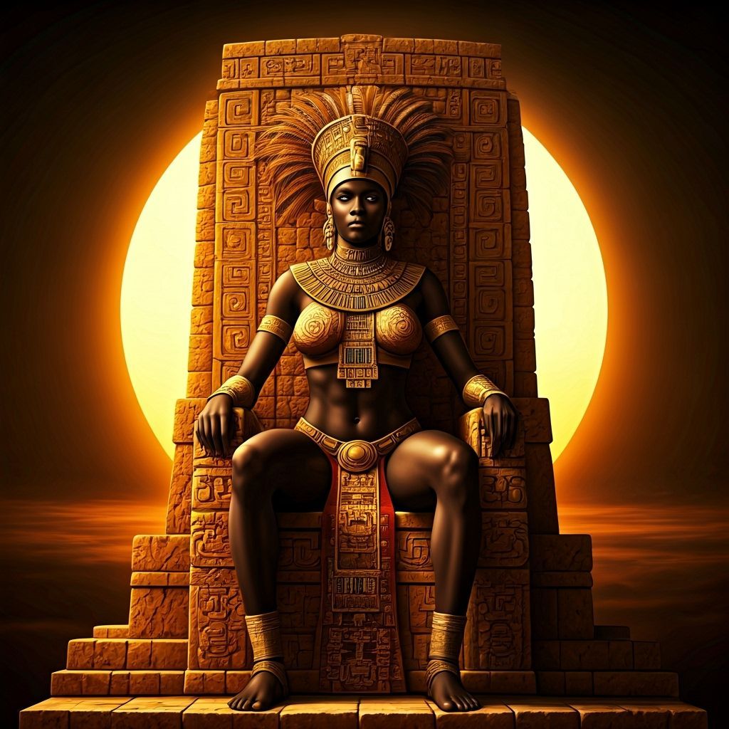 Mayan Queen on Temple Throne in Golden Hour Light