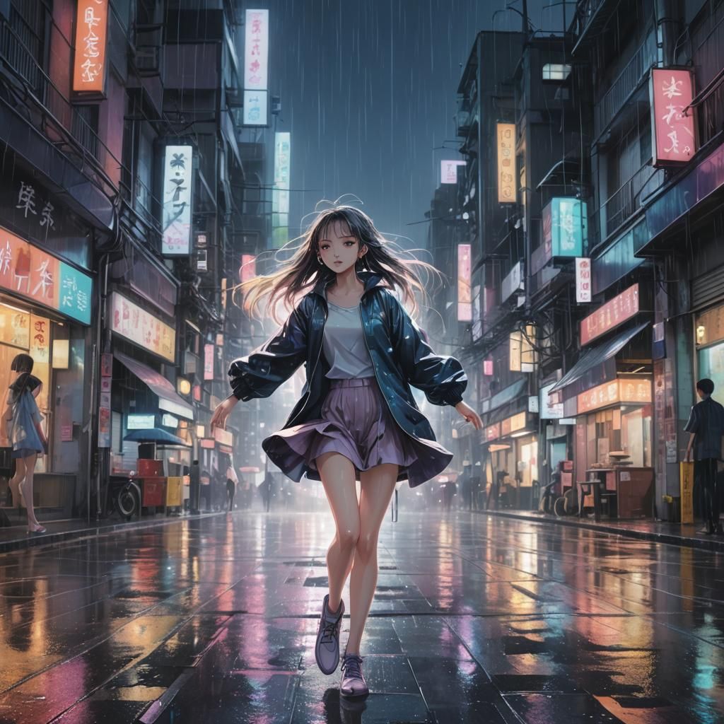 Anime Girl Dancing in Rainy Cityscape