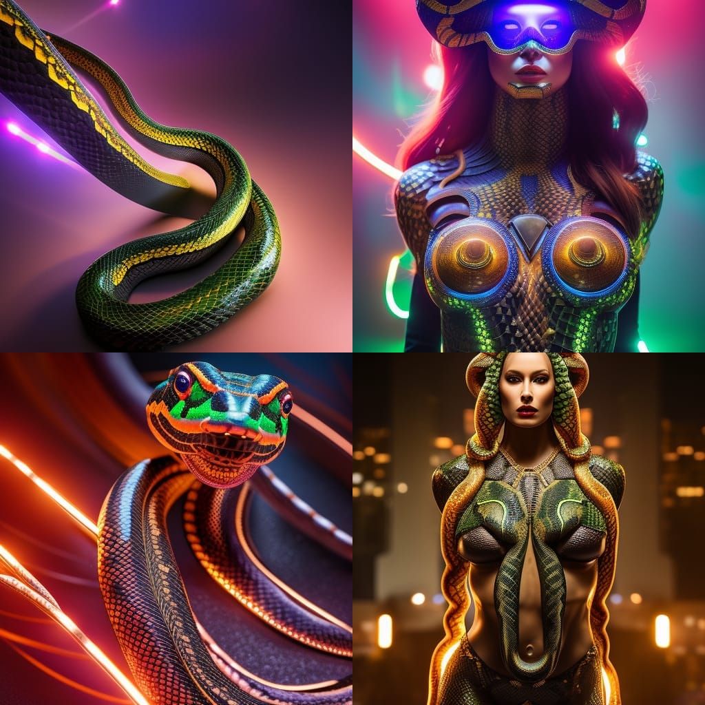 Detailed Gorgon Portrait with Snakes and Glowing Lights