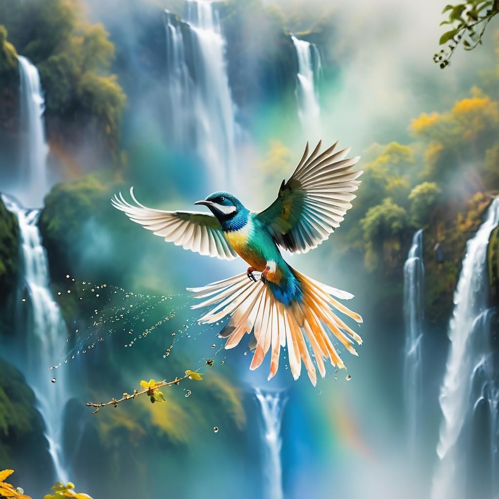 Ethereal Bird in Flight over Misty Falls