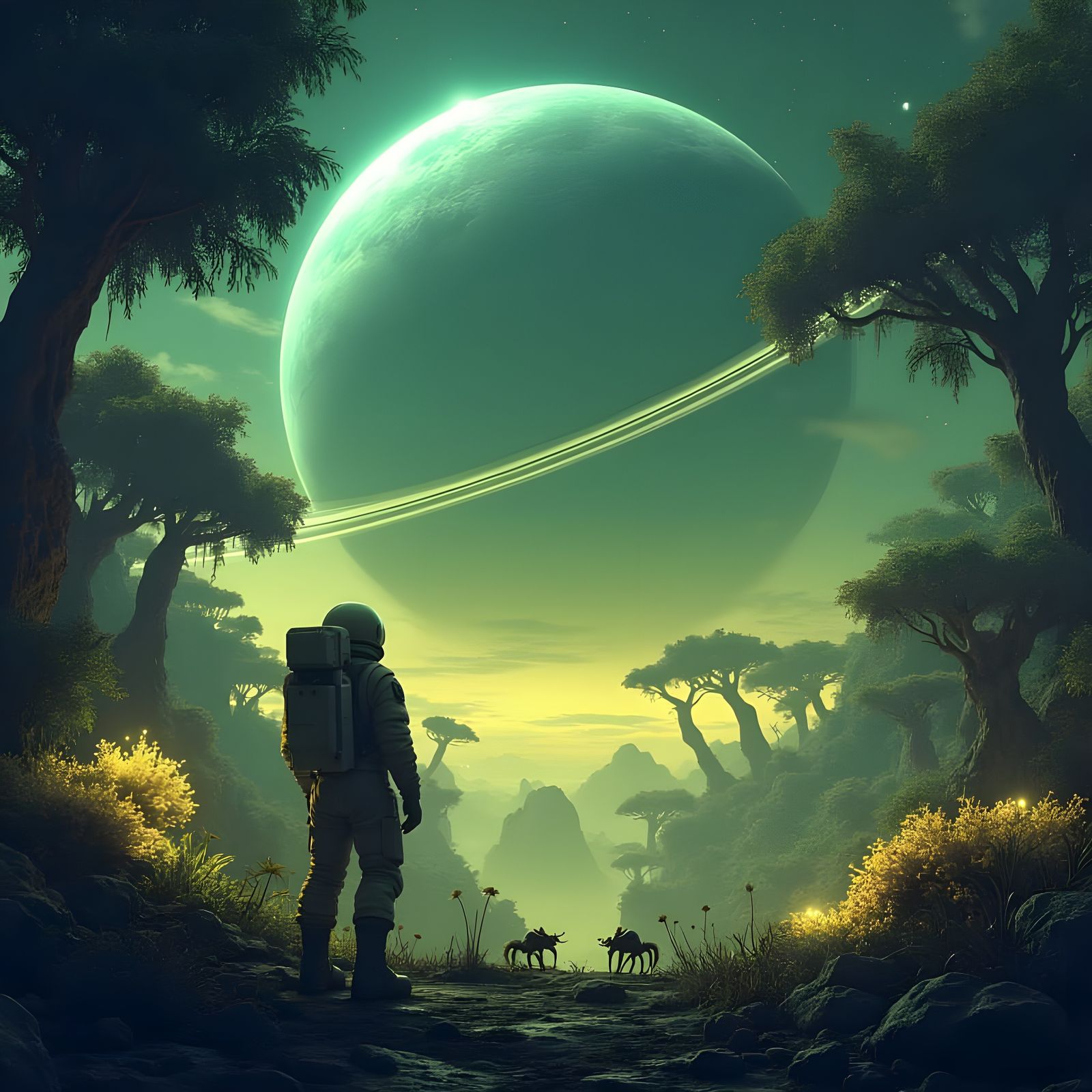 Astronaut Gazes at Ringed Planet Over Bioluminescent Jungle