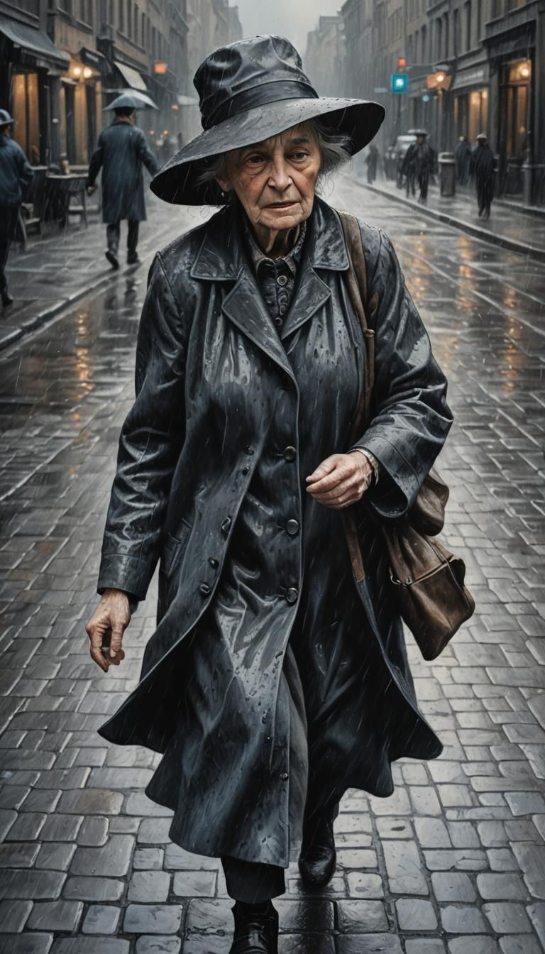 Elderly Woman Dancing in Rain: Charcoal Drawing