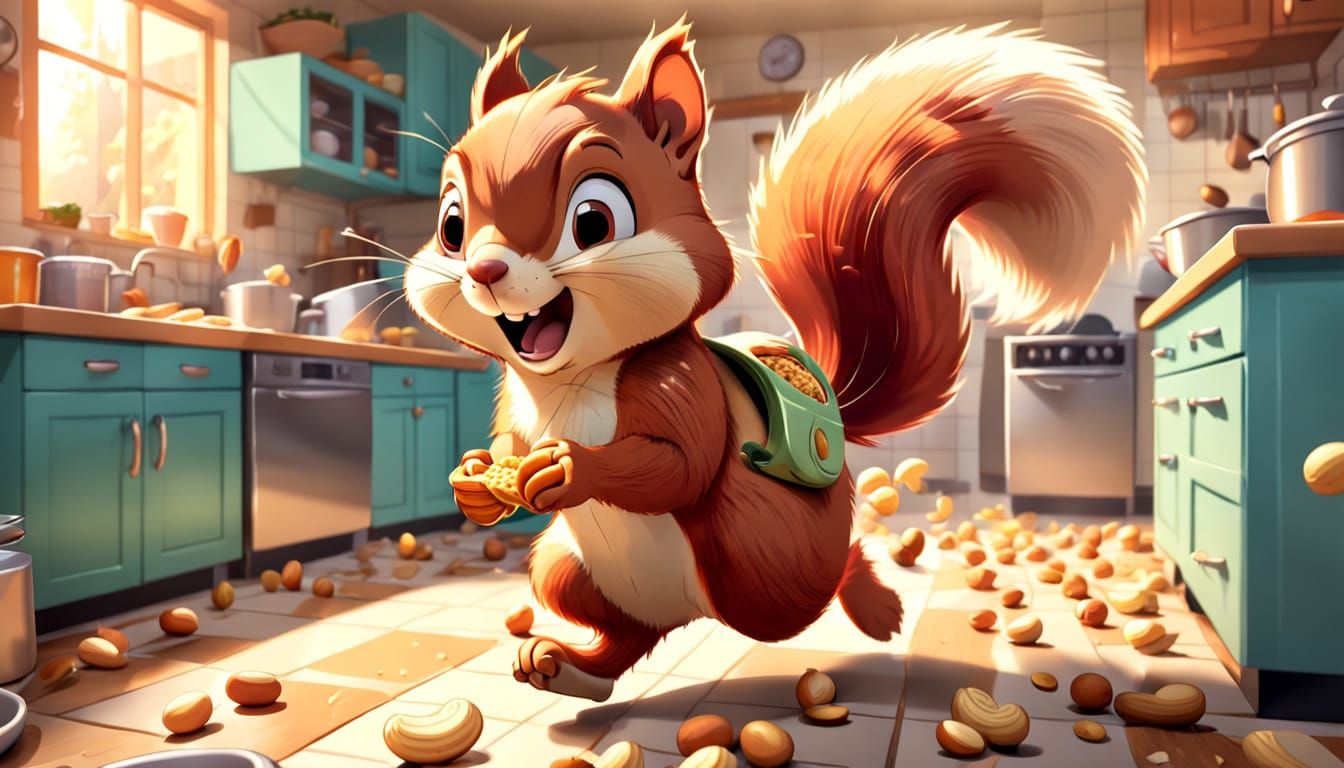 Mischievous Squirrel Runs Through Kitchen: Cel-Shaded Cartoo...