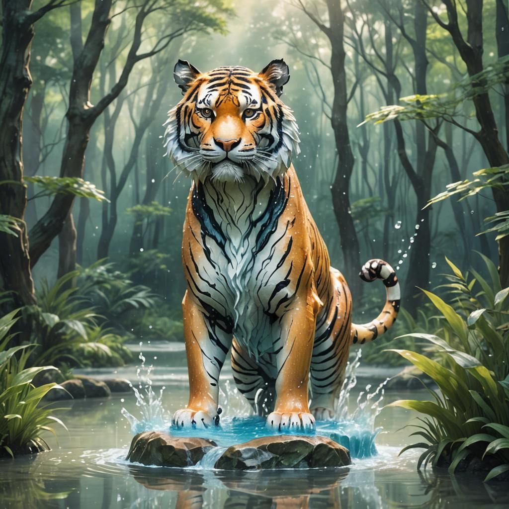 Watercolor Manga: Water Tiger Sculpture in Forest