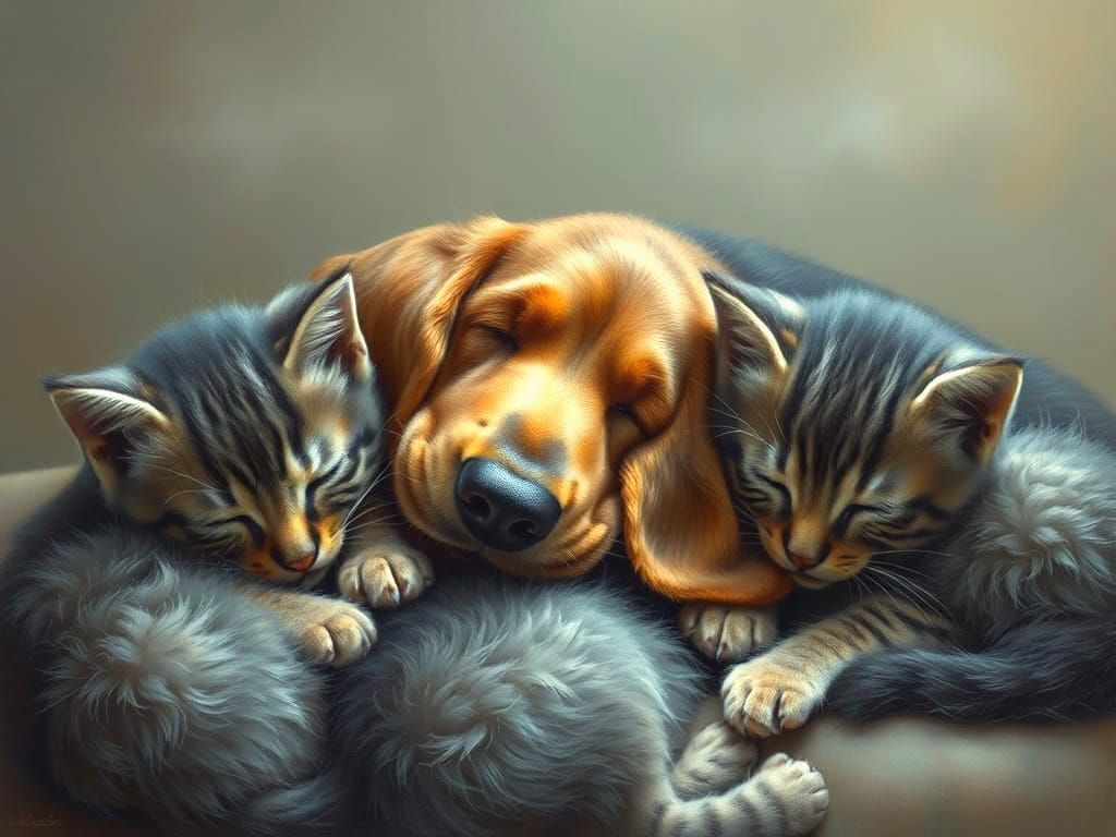 Adorable Basset Hound Sleeps With Fluffy Kittens