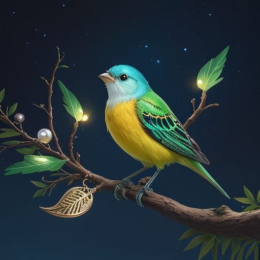 Bioluminescent Bird on Branch in Art Nouveau Style