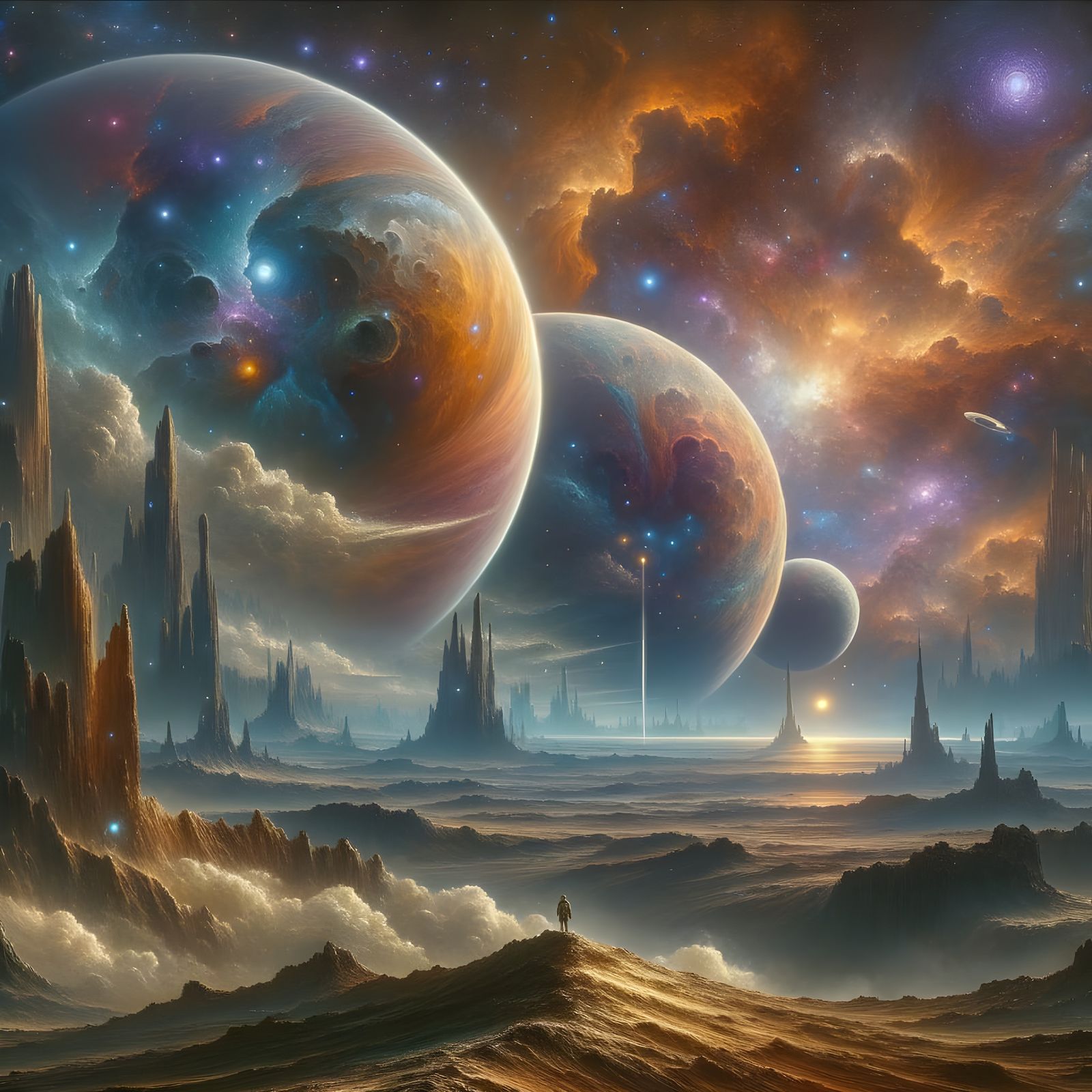 Surreal Cosmic Landscape with Planets and Voyager