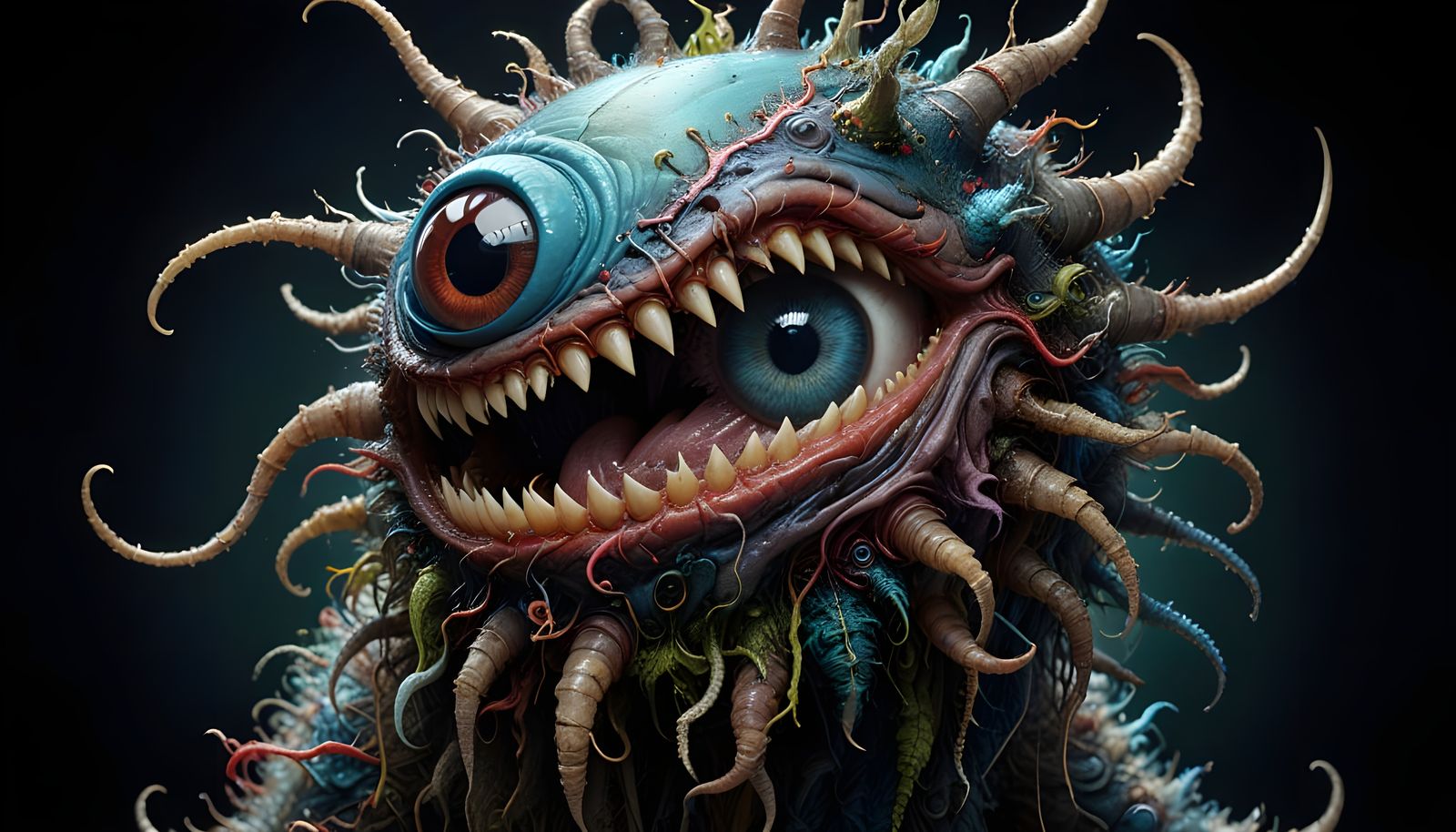 Hairy Eyeball Creature Eats Worm in Fantasycore Style