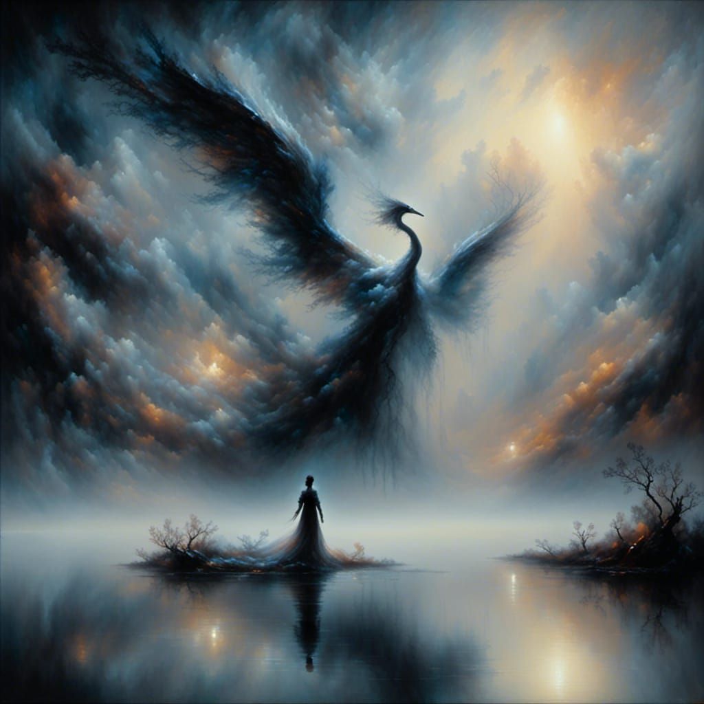 Eerie Mysticism: Lakeside Figure in Dreamlike Surrealism
