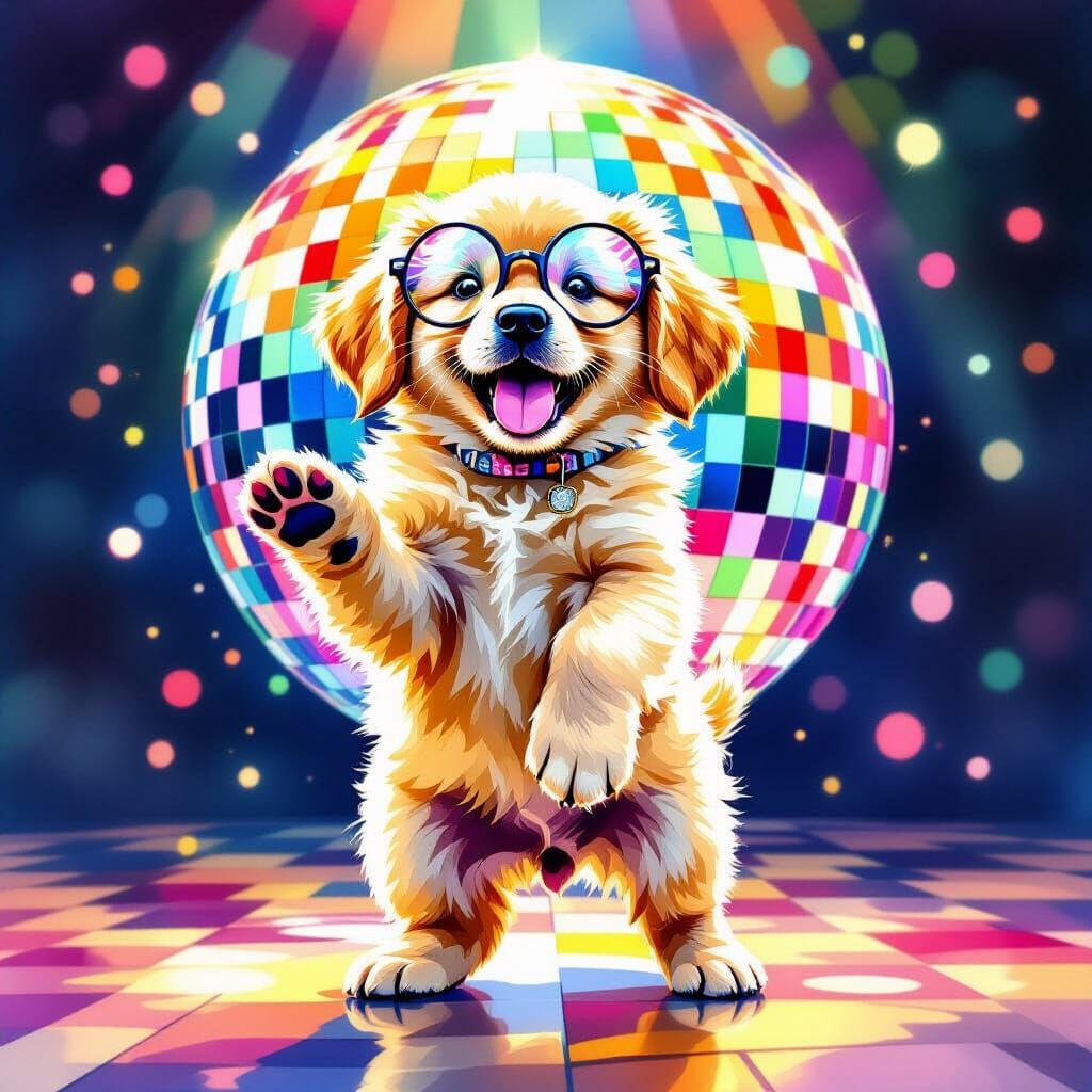 Golden Retriever Puppy Dancing in Disco Lights - Watercolor