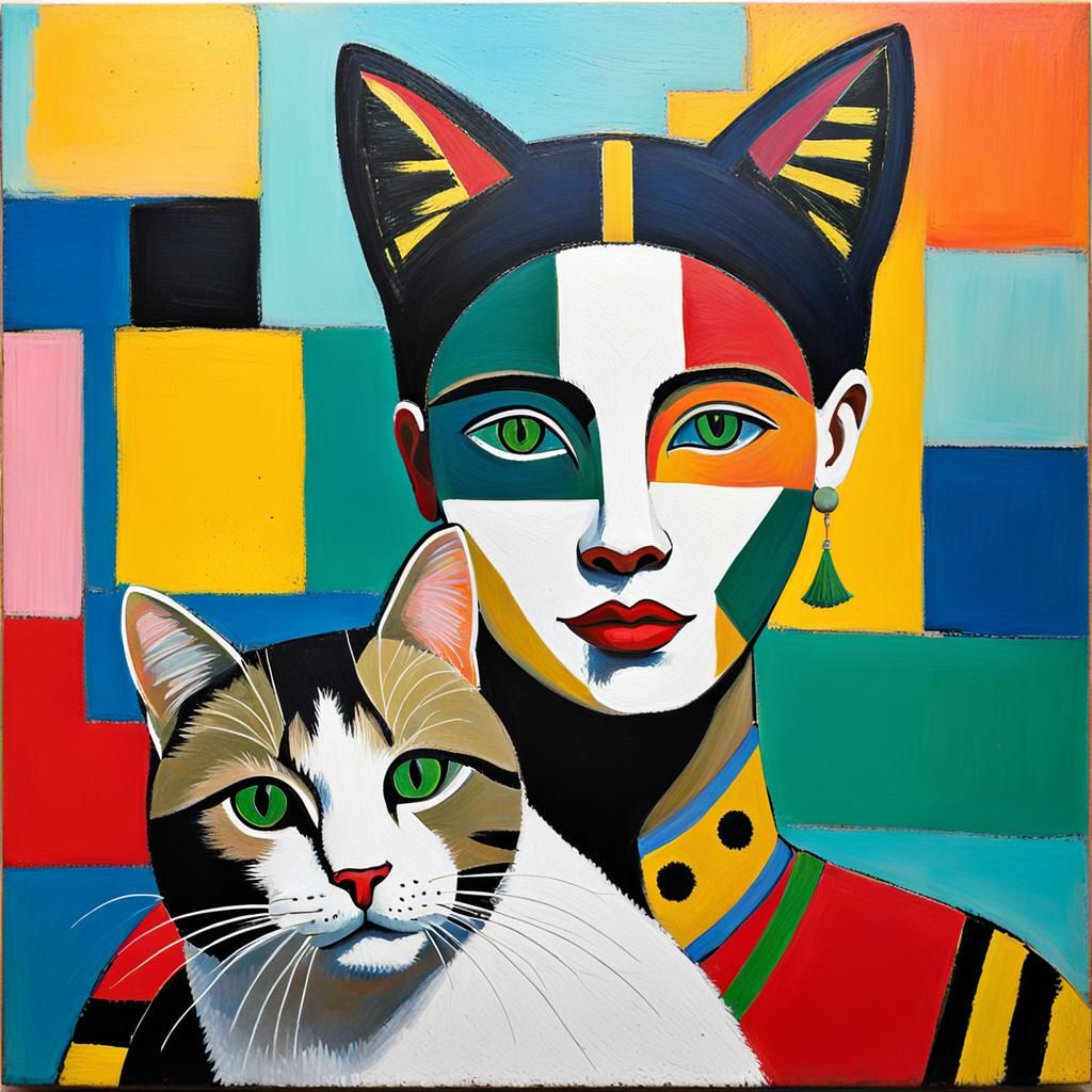 Abstract Expressionist Women and Cats in Vibrant Patchwork